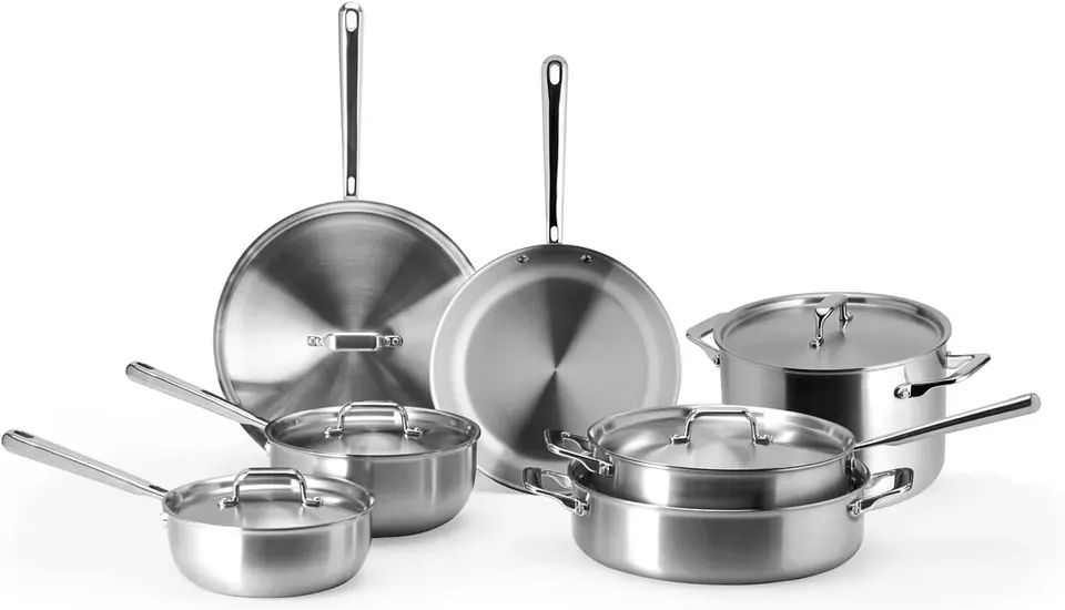 Stainless steel cookware set with pans, pots, and lids