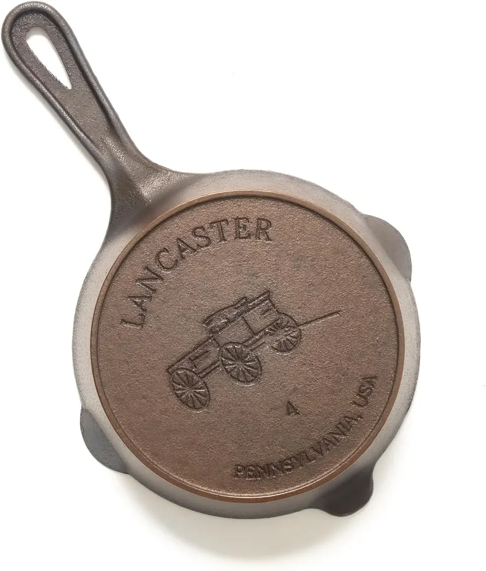 Underside of Lancaster cast iron skillet with Pennsylvania wagon logo