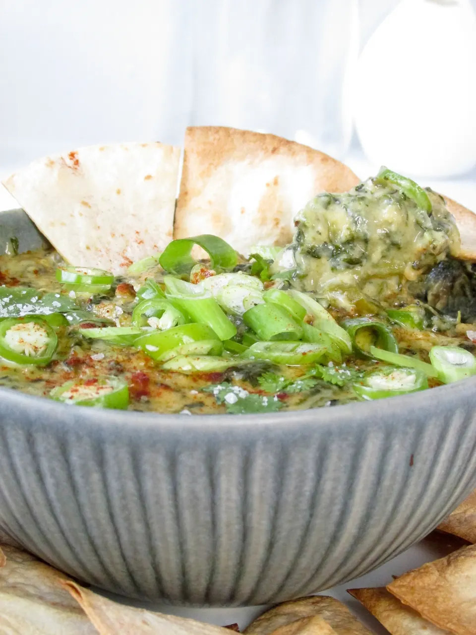 Spinach Cheese Queso Dip with Baked Tortilla Chips