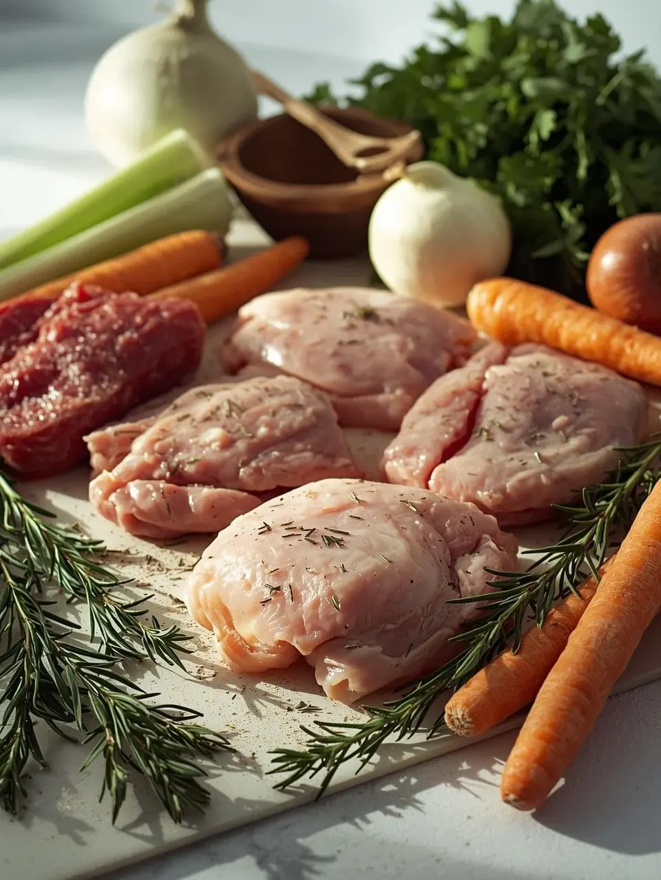 Raw chicken thighs with beef, carrots, onions, celery, and herbs