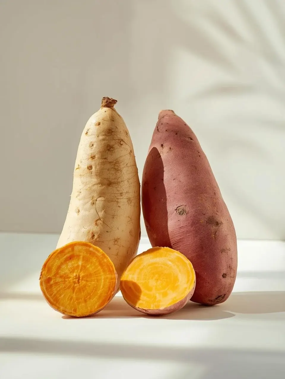 Whole and cut sweet potatoes on a white surface