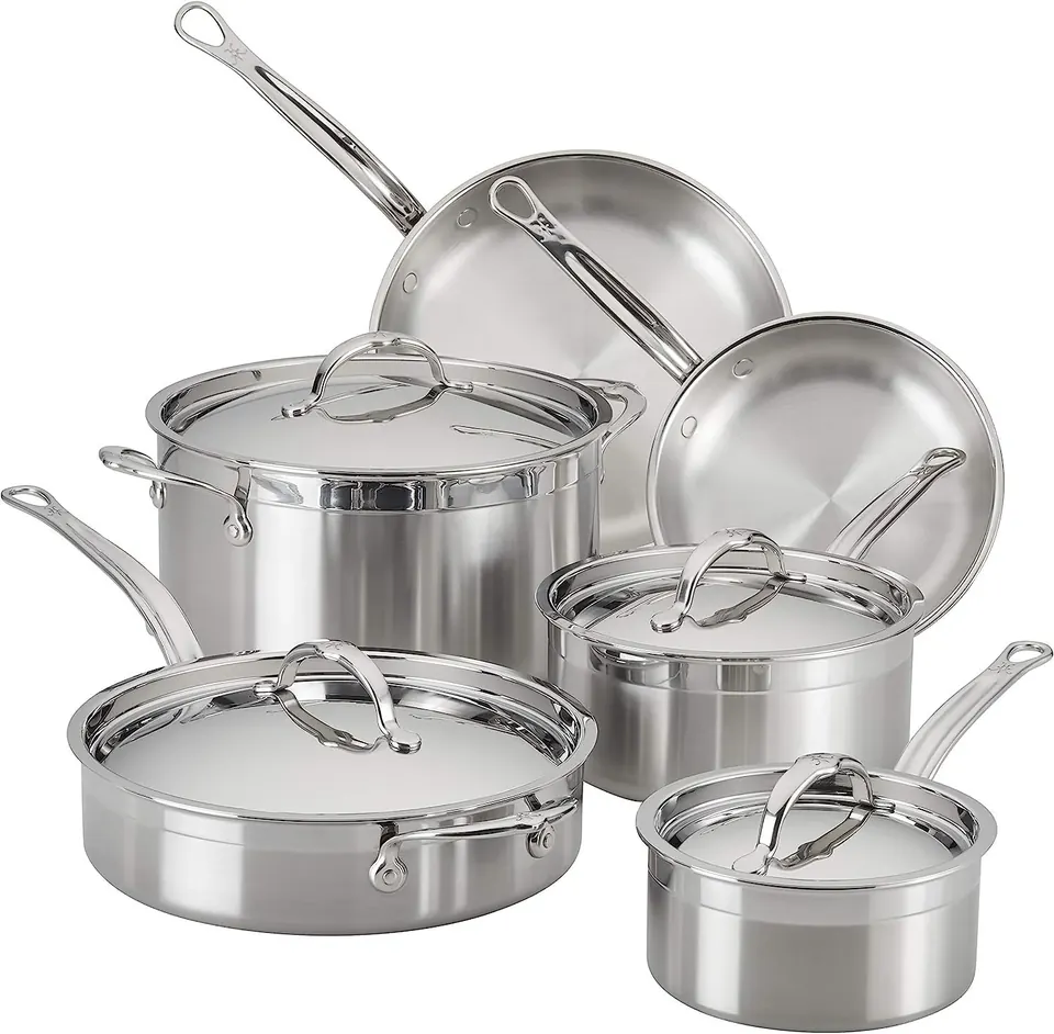 Five-piece stainless steel cookware set with lidded pots and skillets