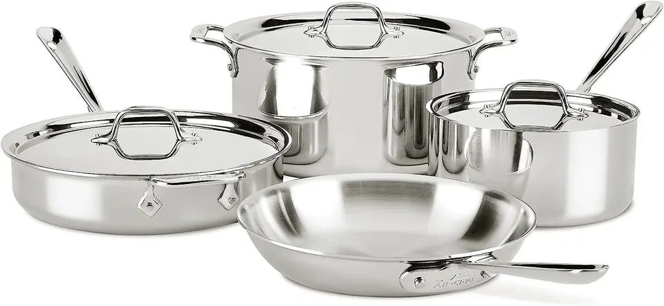 Stainless steel cookware set with lidded pots, sauté pan, and skillet