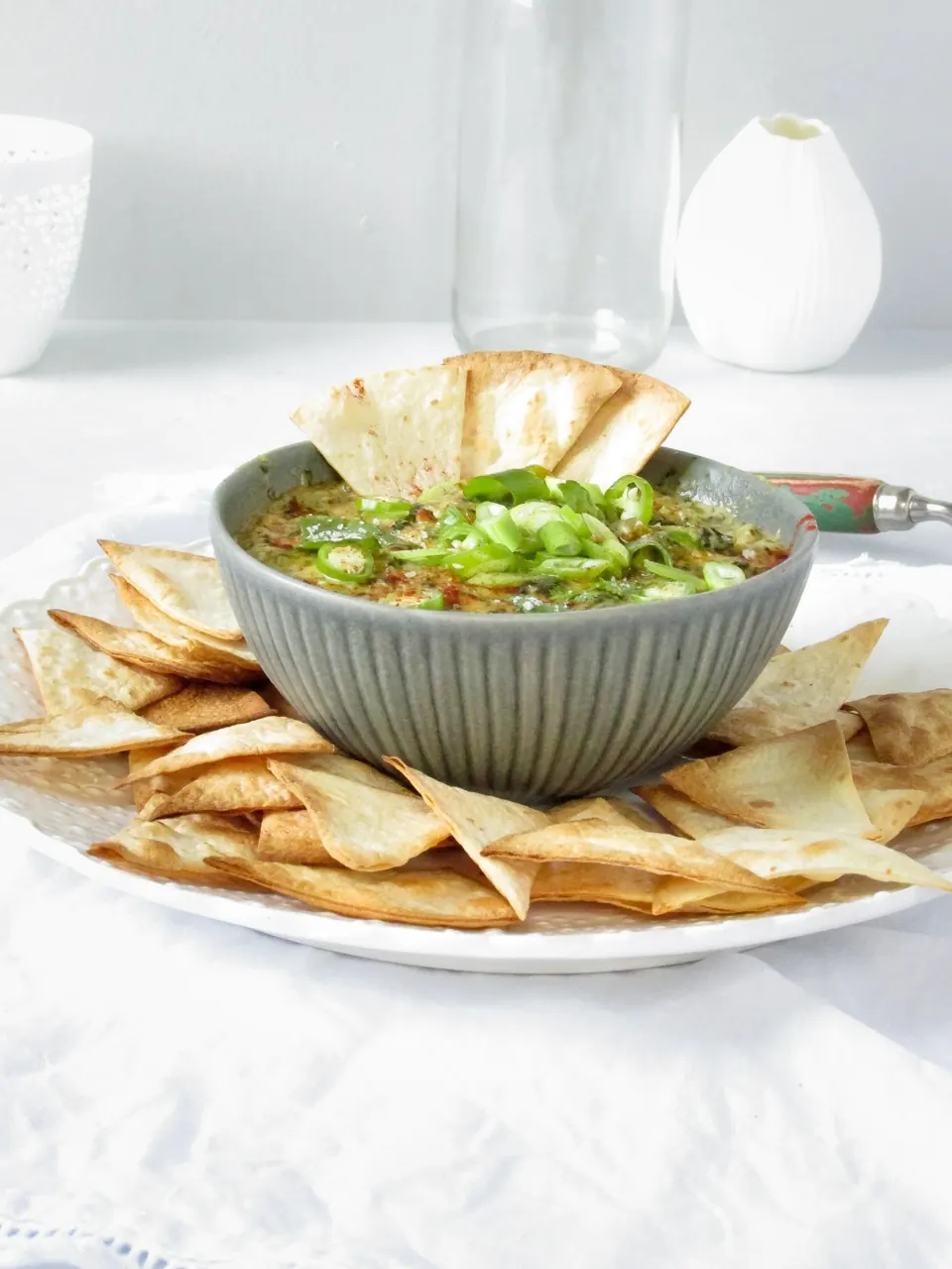 Spinach Cheese Queso Dip with Baked Tortilla Chips