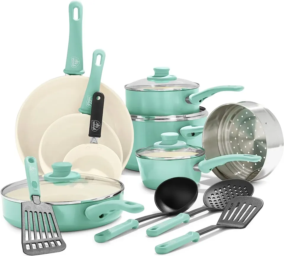 Turquoise non-toxic cookware set with ceramic pans, pots, and utensils