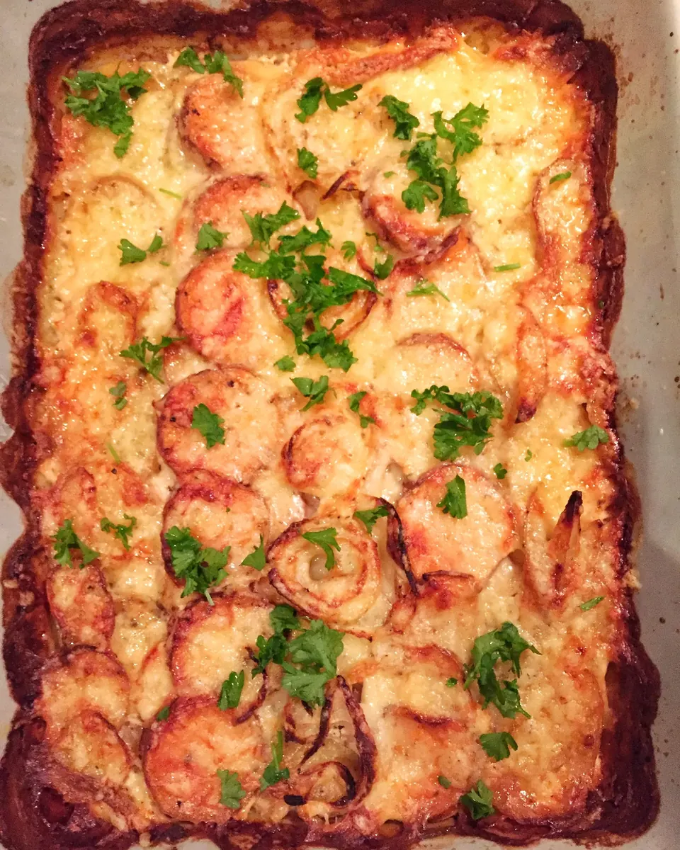 Golden leftover potato gratin with crispy edges and parsley garnish