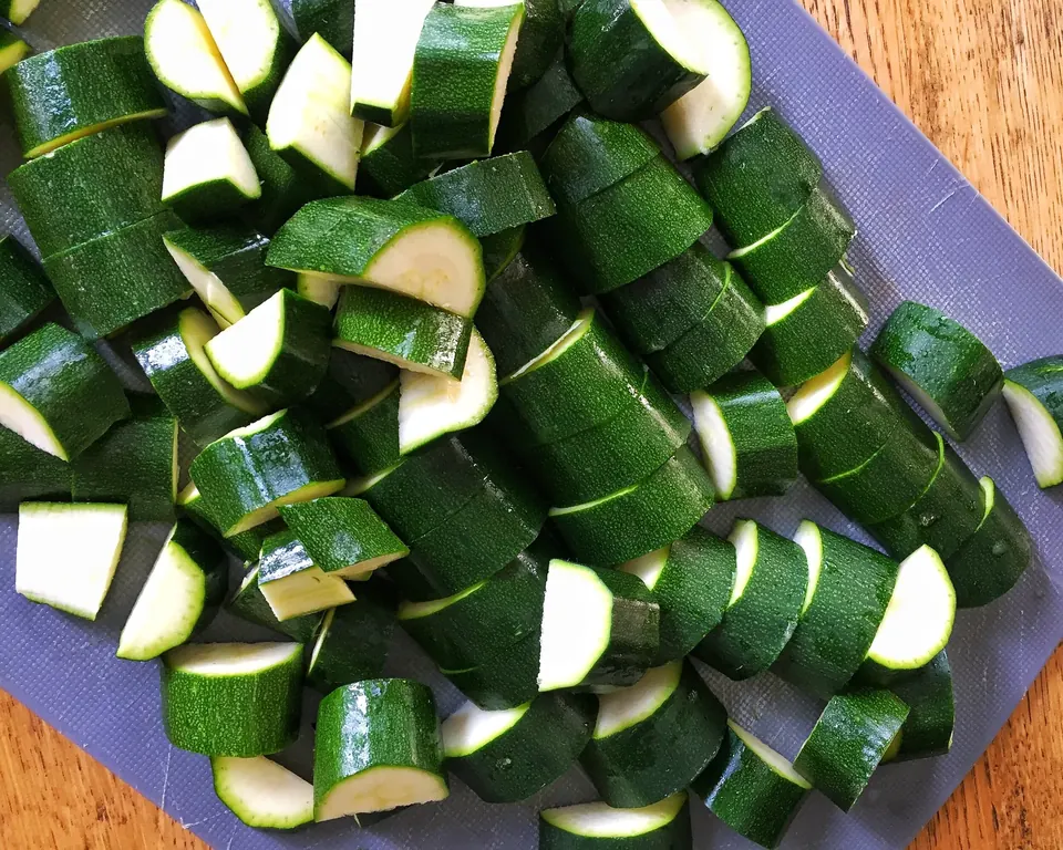 Chopped zucchini pieces on a cutting board
