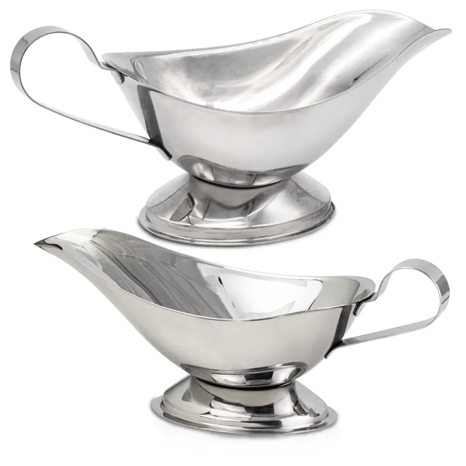 Two stainless steel gravy boats with loop handles