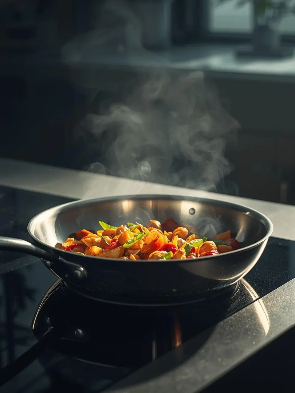 Stainless steel skillet sautéing vegetables on a glass cooktop
