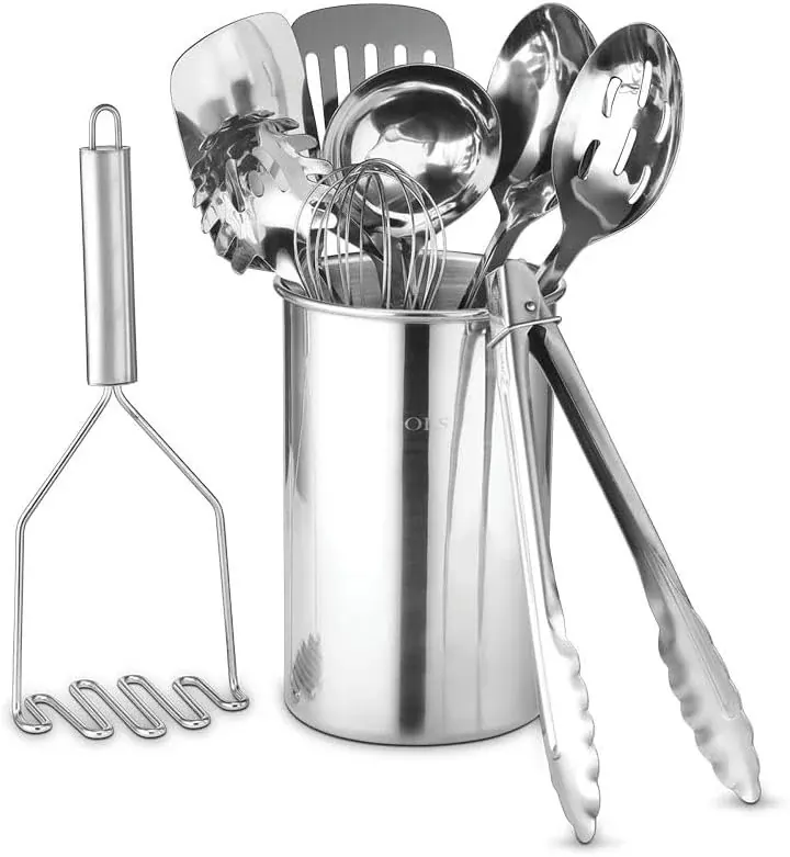 Stainless steel cooking utensils in holder with masher and tongs