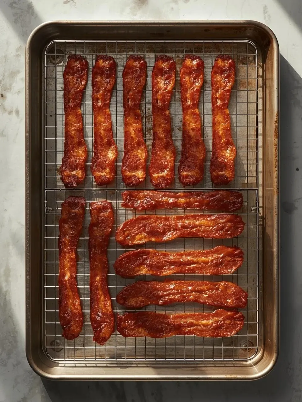 Crispy bacon strips on a wire rack baking sheet