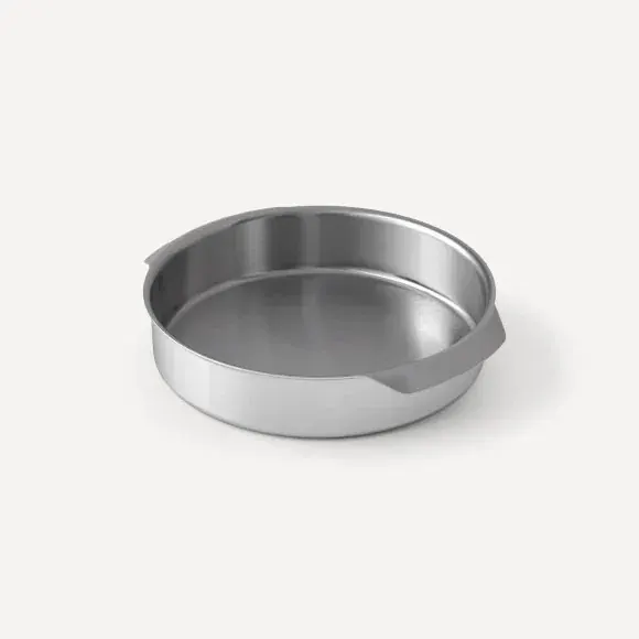 Round stainless steel cake pan with silicone side grips