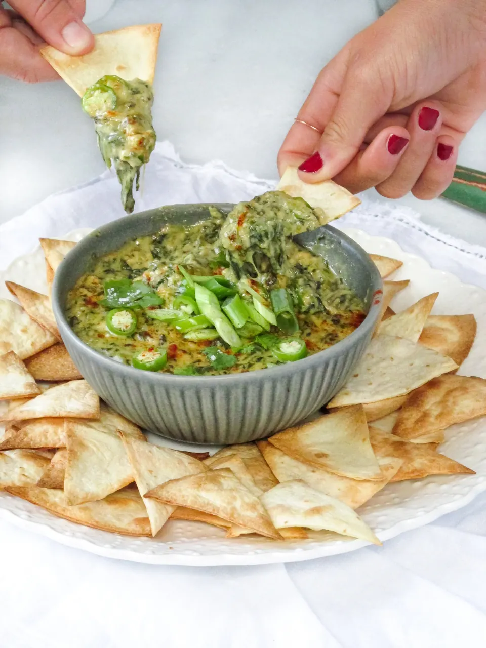 Spinach Cheese Queso Dip with Baked Tortilla Chips