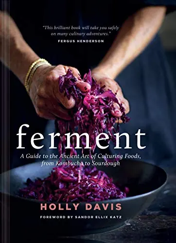 Ferment cookbook cover with hands squeezing shredded purple cabbage