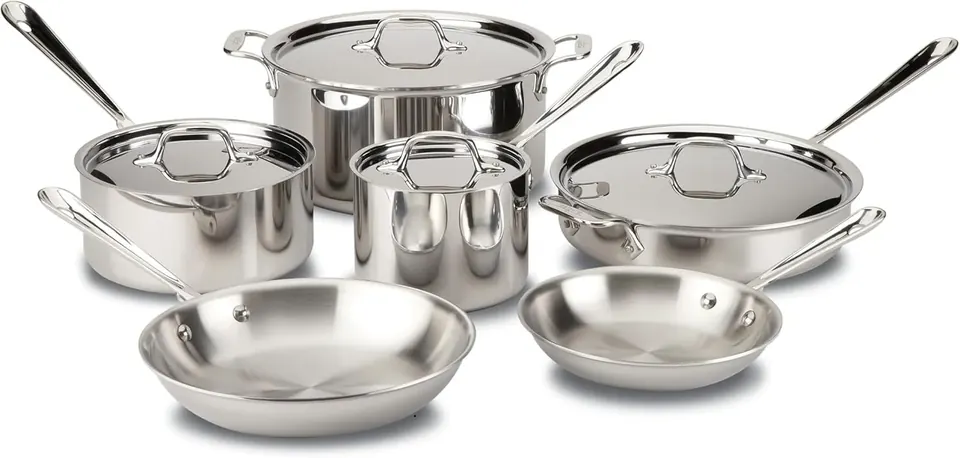Stainless steel cookware set with lidded pots, skillet, and sauté pans