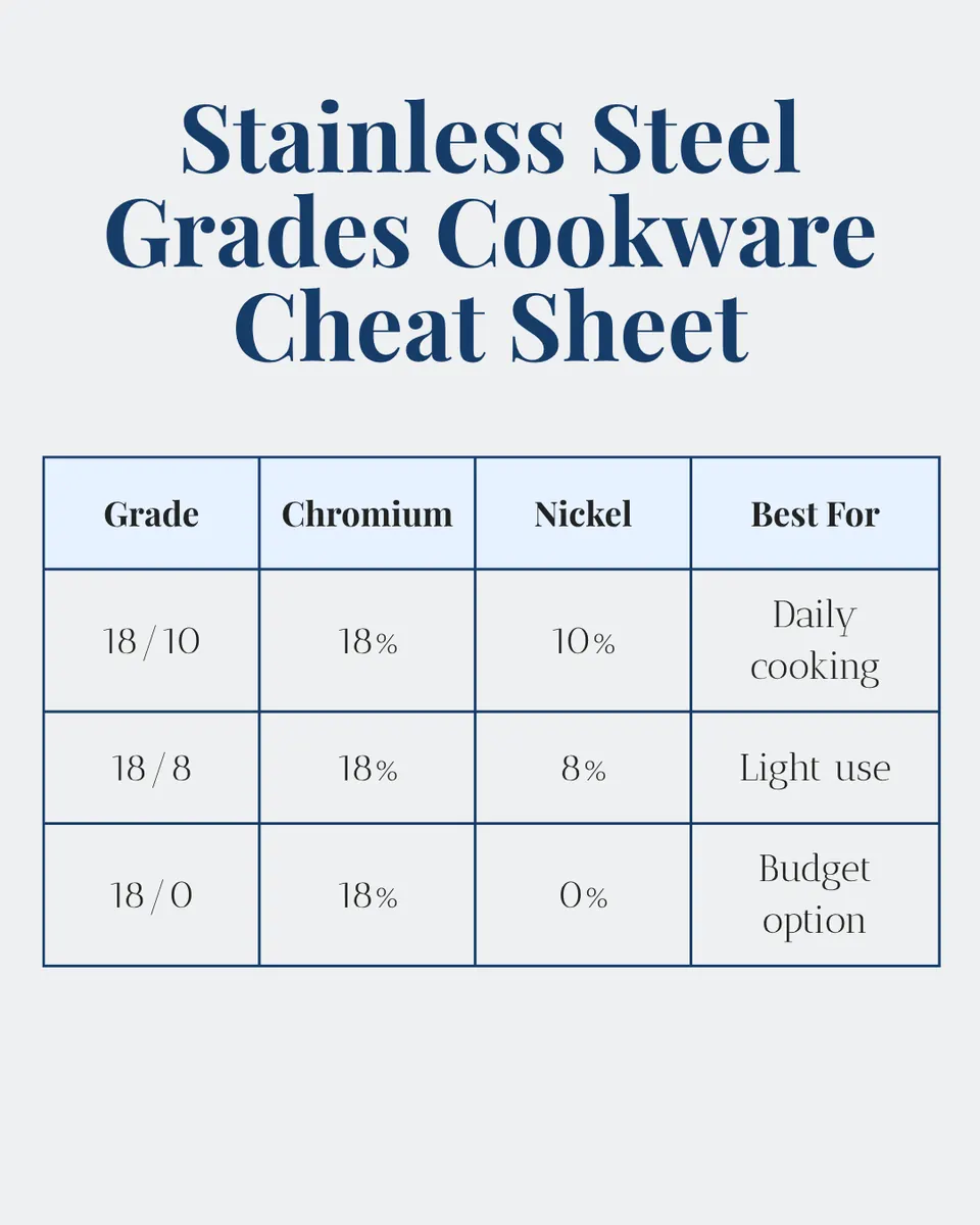 stainless steel grades cookware cheat sheet