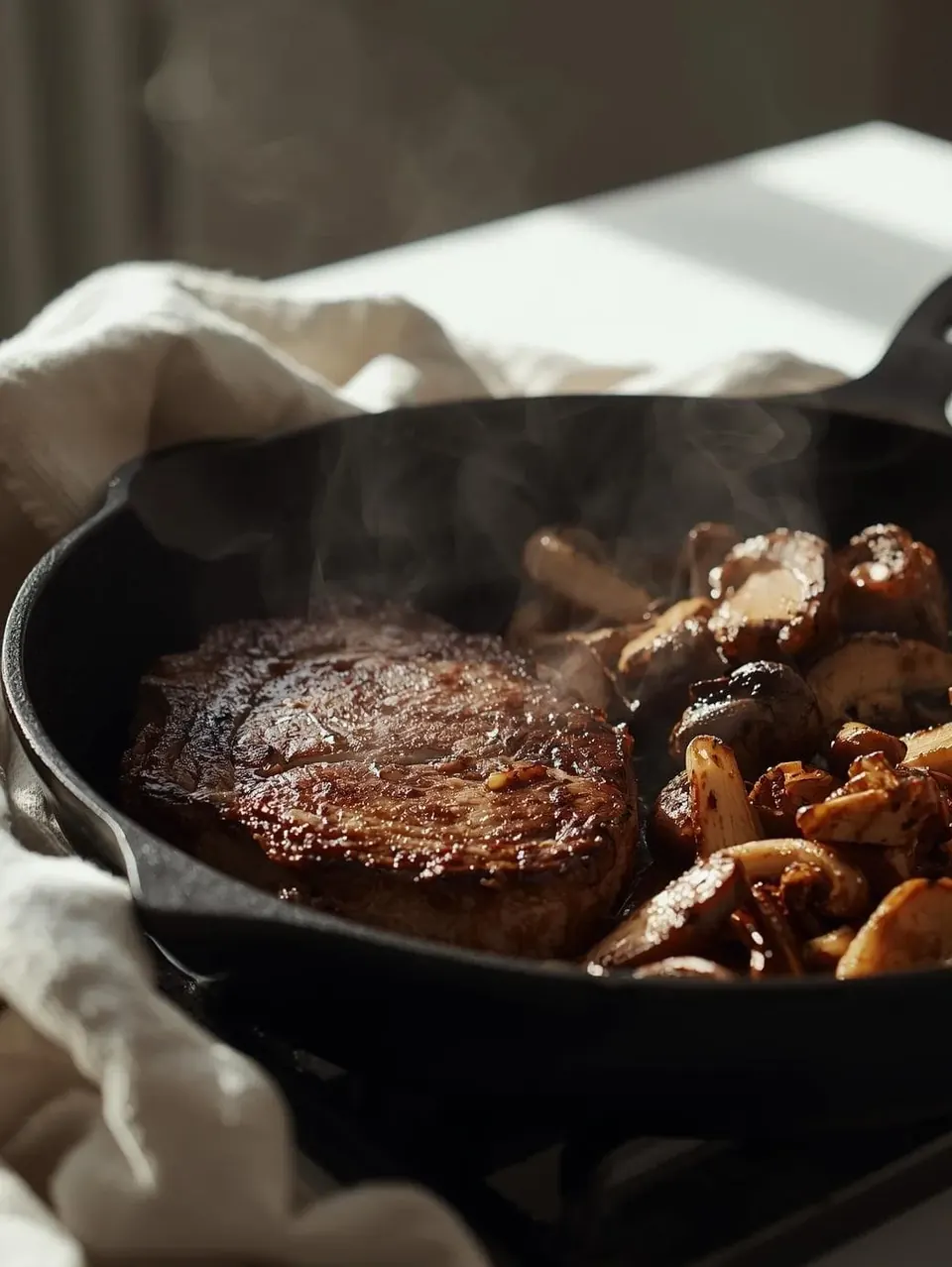 Steak and mushrooms searing in a cast iron skillet