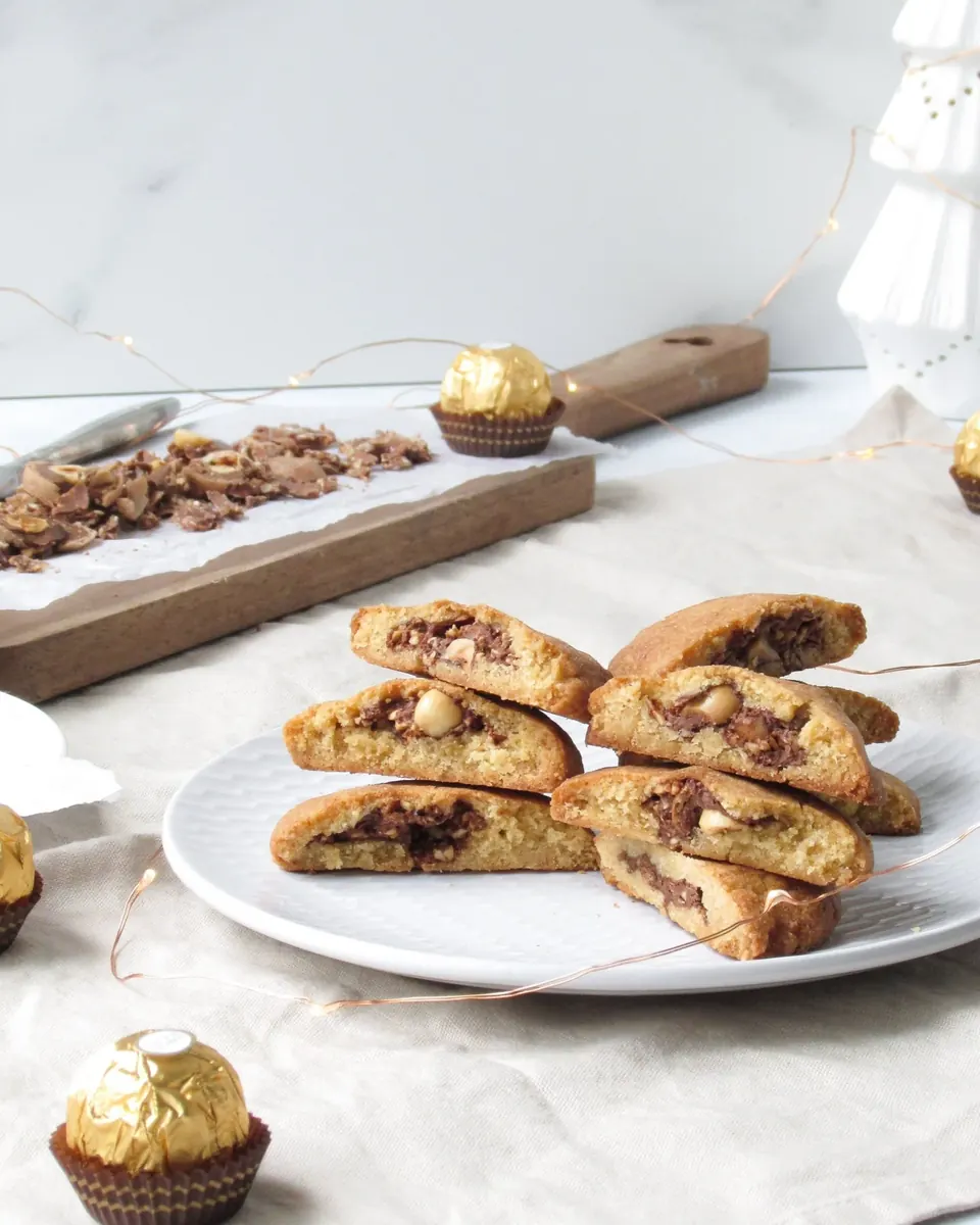 Stacked Ferrero Rocher stuffed cookies on a white plate