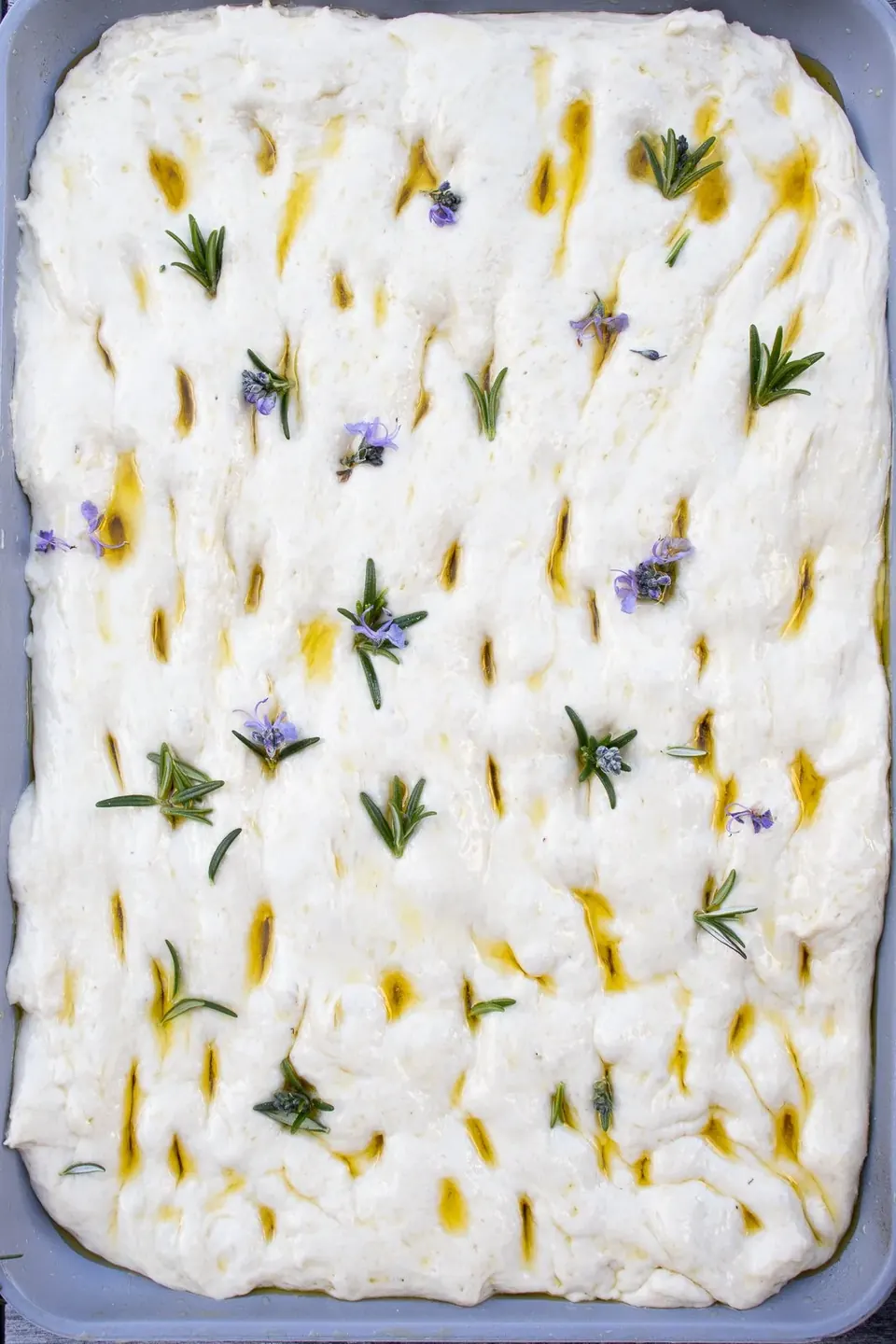 No-knead focaccia dough topped with rosemary, blossoms, and olive oil