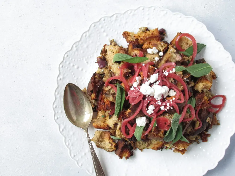 Pork stuffing with pickled onions, sage, and crumbled cheese