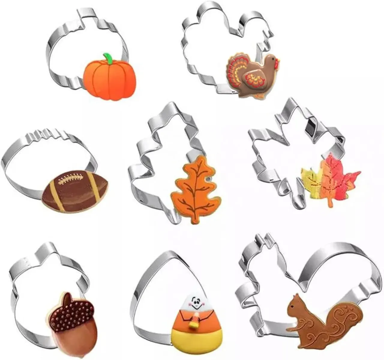 Thanksgiving cookie cutters shaped like pumpkin, turkey, leaf, and acorn