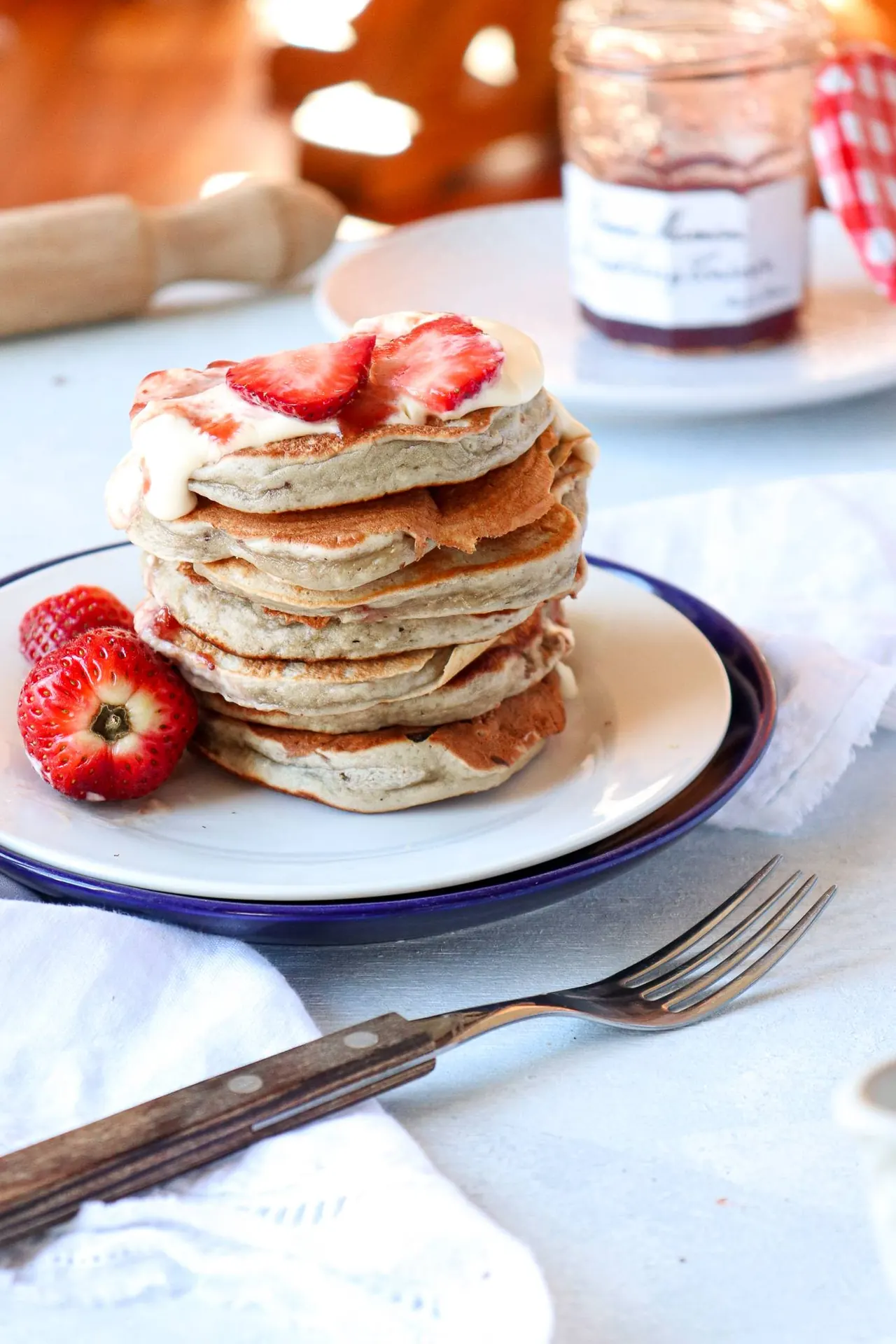 Strawberry Pancakes with Crème Fraiche Strawberry Sauce