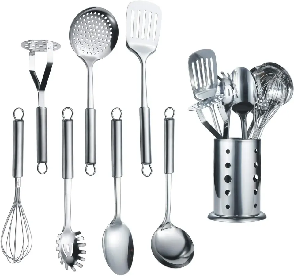 Stainless steel cooking utensils set with holder on white background