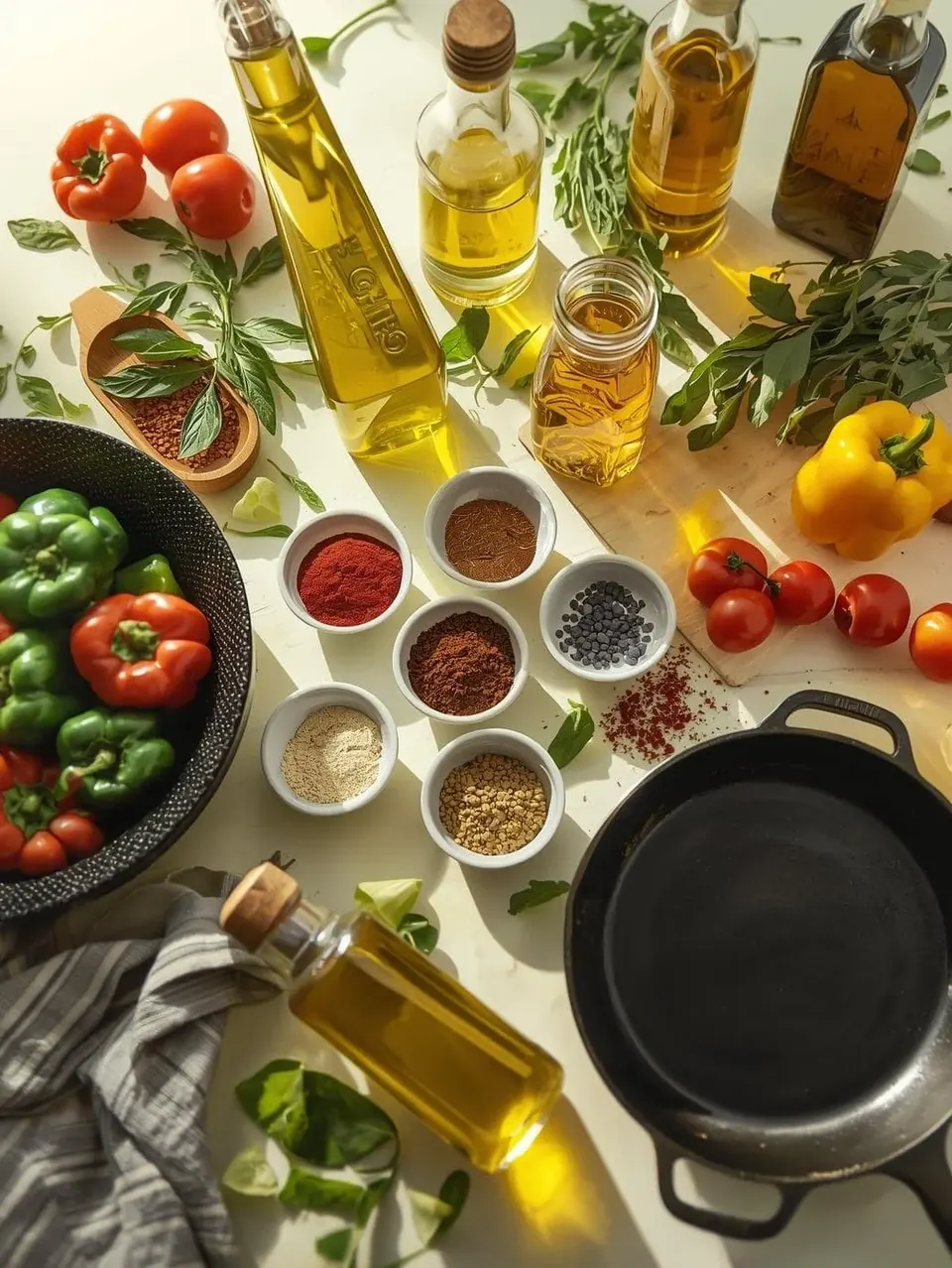 Skillet surrounded by olive oil, peppers, tomatoes, herbs, and spices