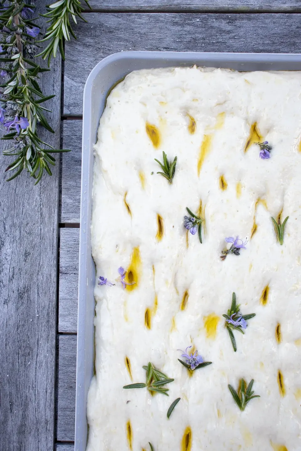 No-knead focaccia dough topped with rosemary and olive oil