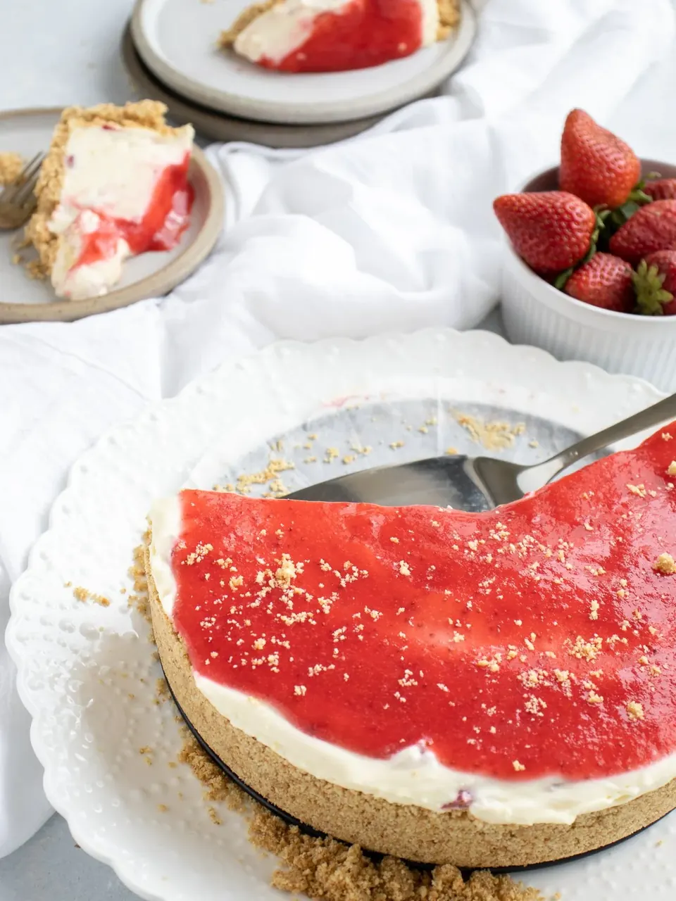 Sliced no bake strawberry cheesecake