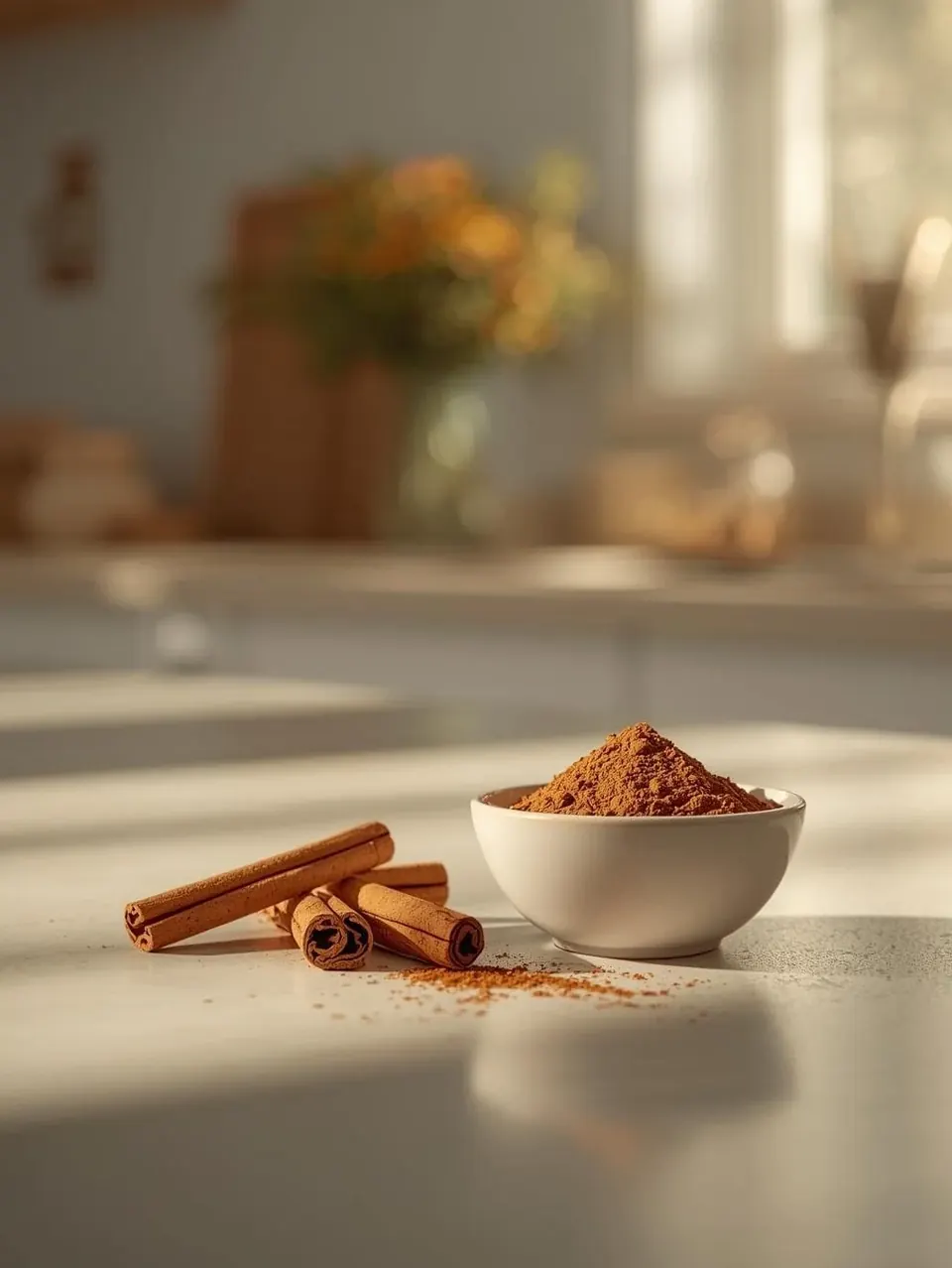 Bowl of ground cinnamon with cinnamon sticks on kitchen counter
