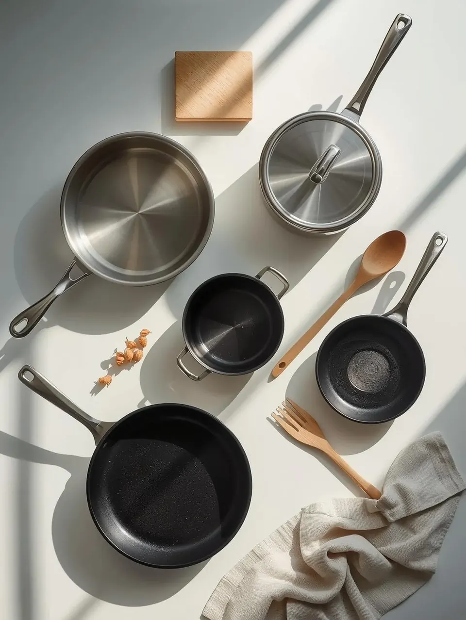 Assorted stainless steel and cast iron cookware with wooden utensils