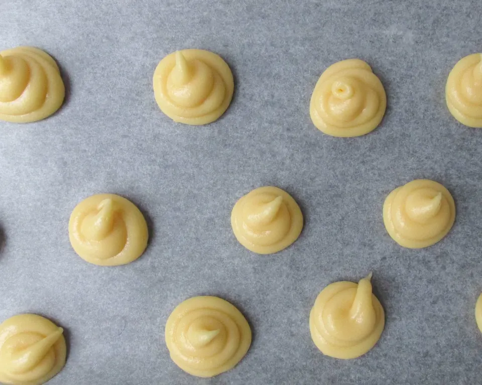 choux pastry dough piped on tray